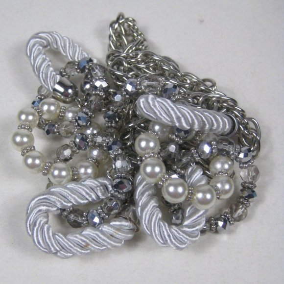 Imitation Pearl Beaded Necklace 45 inch Silvertone Heavy Chain Strand Statement - Picture 8 of 13
